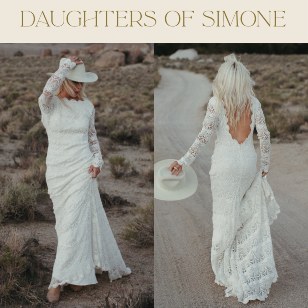DAUGHTERS OF SIMONE LONG SLEEVE HIGH NECKLINE OPEN BACK WITH TRAIN WEDDING DRESS